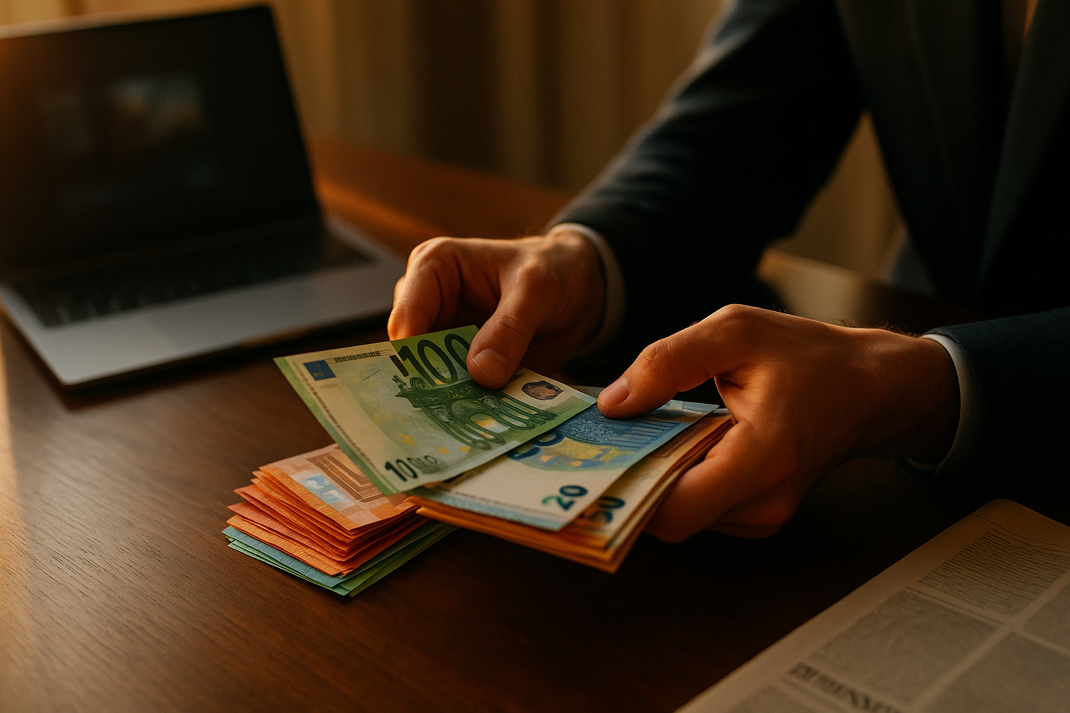 Mani che contano banconote in euro su scrivania con laptop e quotidiano economico sullo sfondo