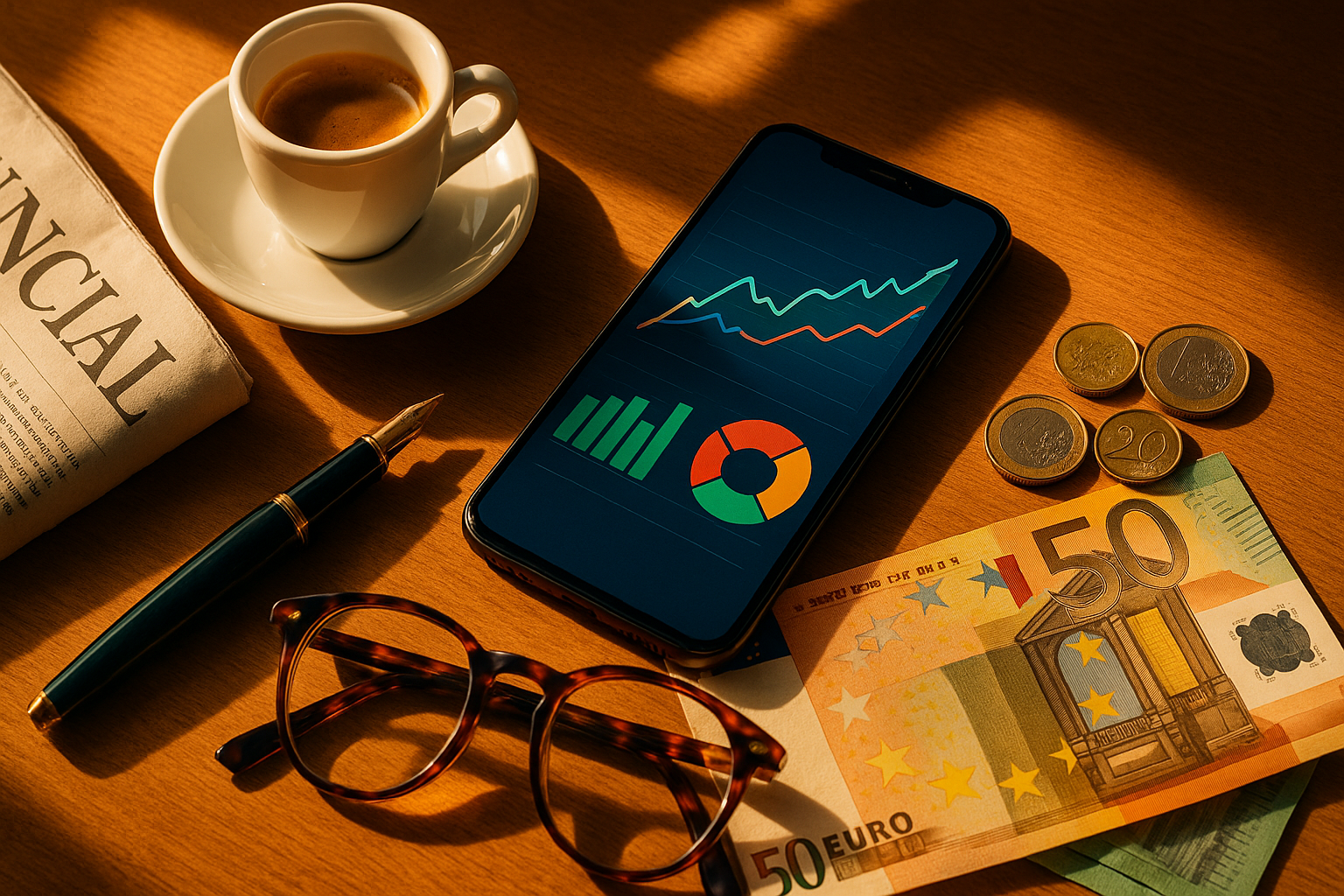 Still life editoriale: smartphone, quotidiano economico, monete e tazzina di caffè su tavolo