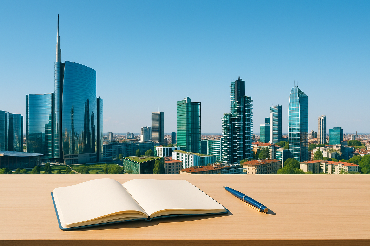 Skyline di Milano diurno con tavolo in legno chiaro e quaderno minimal in primo piano