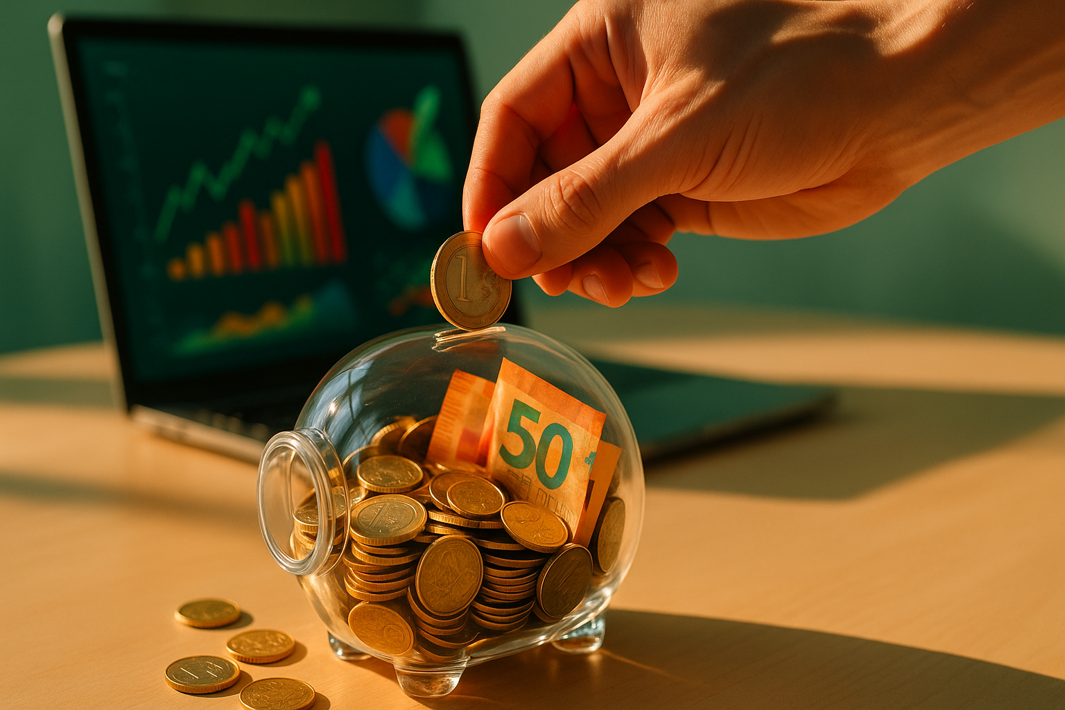 Mano che inserisce moneta in salvadanaio trasparente con banconote euro e laptop finanziario sfocato